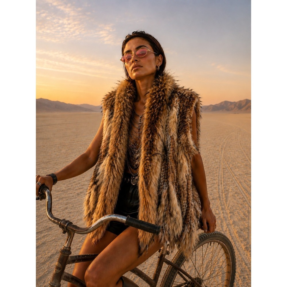 Knitted Rabbit Fur Vest w/ Raccoon Fur Trim Collar Brown Sleeveless Gilet